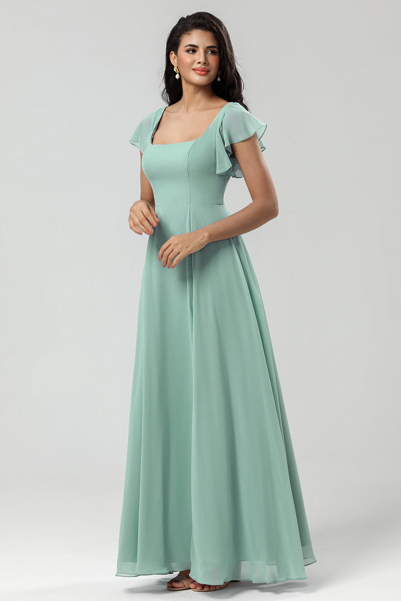 Load image into Gallery viewer, Green Square Neck Chiffon Bridesmaid Dress with Ruffles
