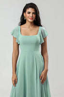Load image into Gallery viewer, Green Square Neck Chiffon Bridesmaid Dress with Ruffles