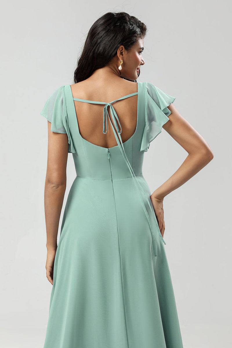 Load image into Gallery viewer, Green Square Neck Chiffon Bridesmaid Dress with Ruffles
