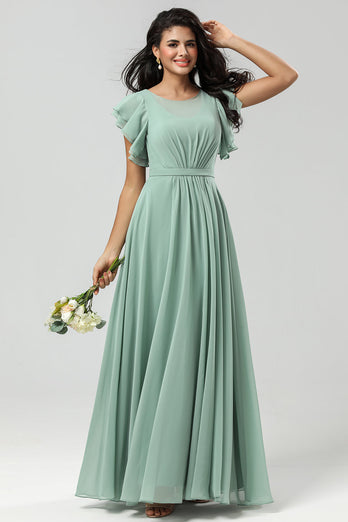 Chiffon A Line Green Bridesmaid Dress with Pleated