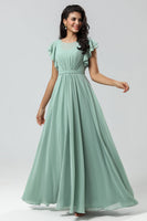 Load image into Gallery viewer, Chiffon A Line Green Bridesmaid Dress with Pleated