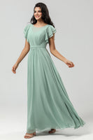 Load image into Gallery viewer, Chiffon A Line Green Bridesmaid Dress with Pleated