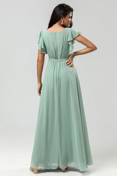 Chiffon A Line Green Bridesmaid Dress with Pleated