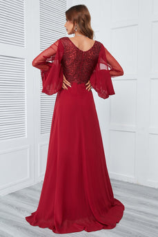 Burgundy Beaded Long Prom Dress with Lace