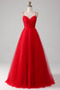 Load image into Gallery viewer, Red Tulle Pleated V-neck A-line Tie Back Prom Dress
