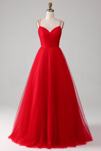 Red Tulle Pleated V-neck A-line Tie Back Prom Dress