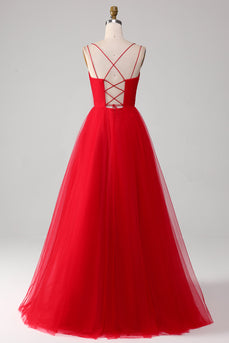 Red Tulle Pleated V-neck A-line Tie Back Prom Dress