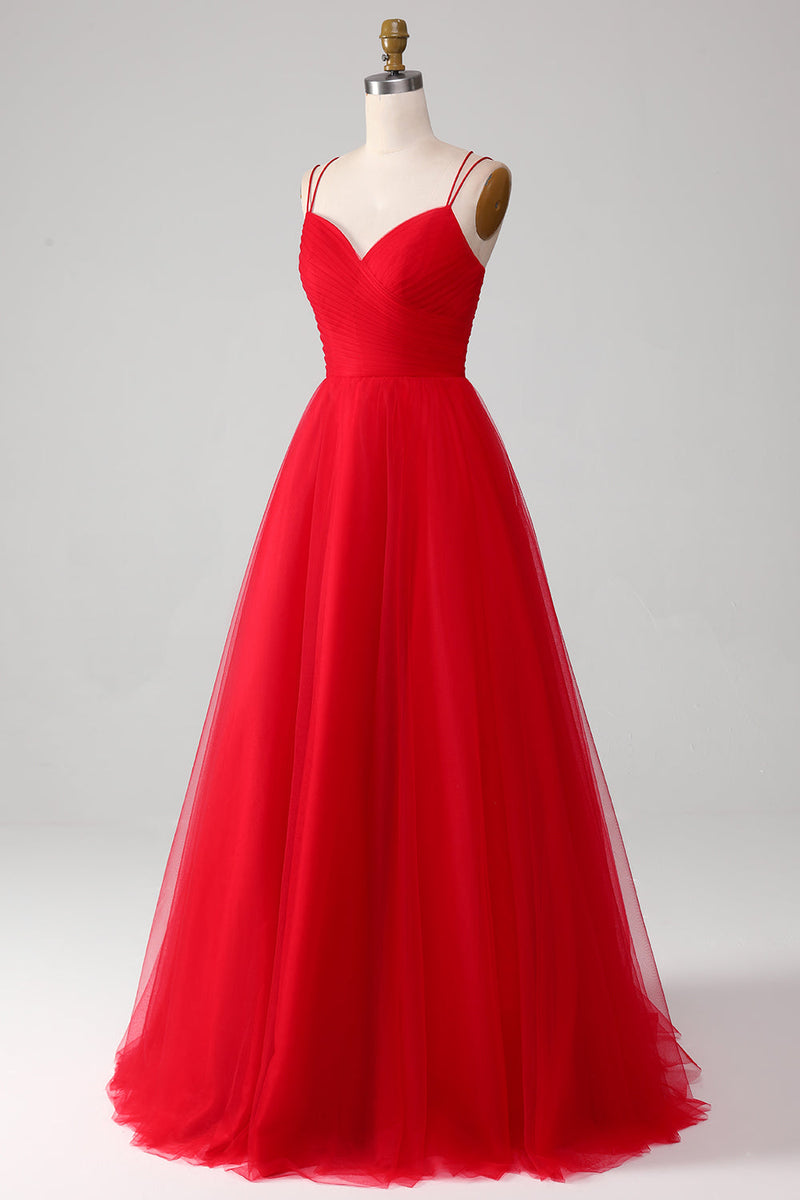 Load image into Gallery viewer, Red Tulle Pleated V-neck A-line Tie Back Prom Dress