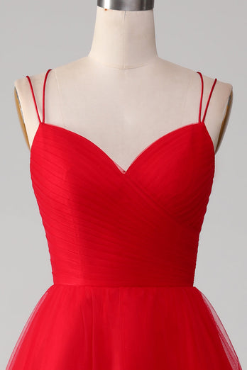 Red Tulle Pleated V-neck A-line Tie Back Prom Dress