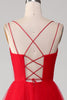 Load image into Gallery viewer, Red Tulle Pleated V-neck A-line Tie Back Prom Dress