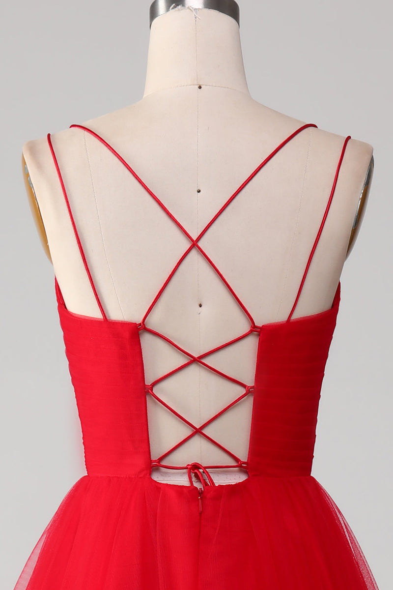 Load image into Gallery viewer, Red Tulle Pleated V-neck A-line Tie Back Prom Dress