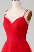 Load image into Gallery viewer, Red Tulle Pleated V-neck A-line Tie Back Prom Dress