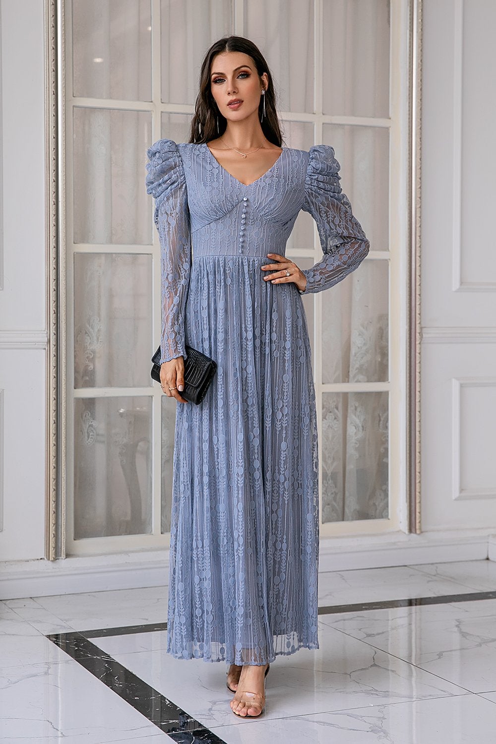 Blue Lace Long Prom Dress with Sleeves