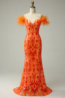 Load image into Gallery viewer, Off the Shoulder Orange Sequins Mermaid Prom Dress with Feathers