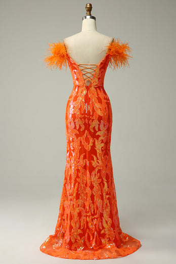 Off the Shoulder Orange Sequins Mermaid Prom Dress with Feathers