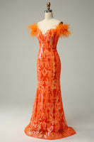 Load image into Gallery viewer, Off the Shoulder Orange Sequins Mermaid Prom Dress with Feathers