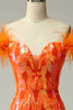 Load image into Gallery viewer, Off the Shoulder Orange Sequins Mermaid Prom Dress with Feathers