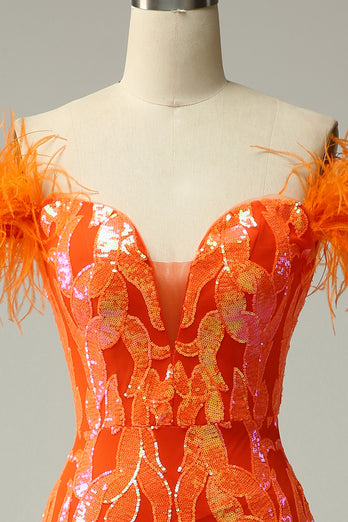 Off the Shoulder Orange Sequins Mermaid Prom Dress with Feathers