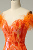 Load image into Gallery viewer, Off the Shoulder Orange Sequins Mermaid Prom Dress with Feathers
