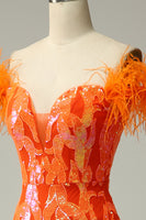Load image into Gallery viewer, Off the Shoulder Orange Sequins Mermaid Prom Dress with Feathers