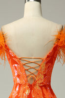 Load image into Gallery viewer, Off the Shoulder Orange Sequins Mermaid Prom Dress with Feathers