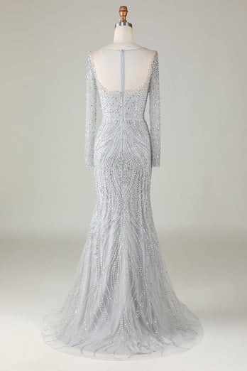 Gorgeous Sparkly Grey Beaded Mermaid Long Prom Dress