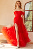 Load image into Gallery viewer, Off The Shoulder Red Tulle Princess Prom Dress with Slit