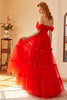 Load image into Gallery viewer, Off The Shoulder Red Tulle Princess Prom Dress with Slit