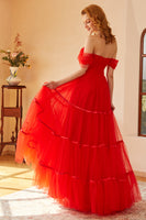 Load image into Gallery viewer, Off The Shoulder Red Tulle Princess Prom Dress with Slit