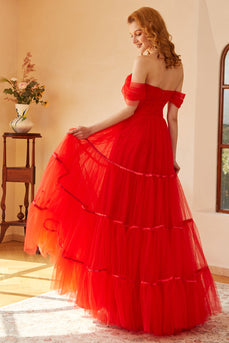 Off The Shoulder Red Tulle Princess Prom Dress with Slit