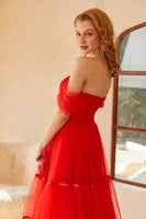 Load image into Gallery viewer, Off The Shoulder Red Tulle Princess Prom Dress with Slit