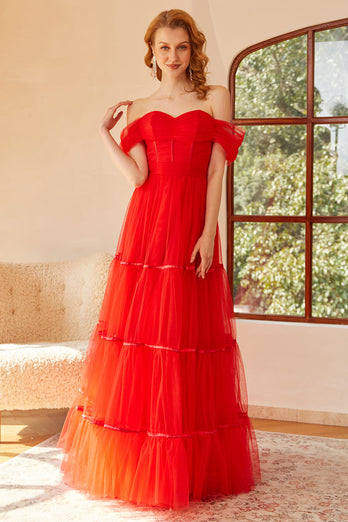 Off The Shoulder Red Tulle Princess Prom Dress with Slit