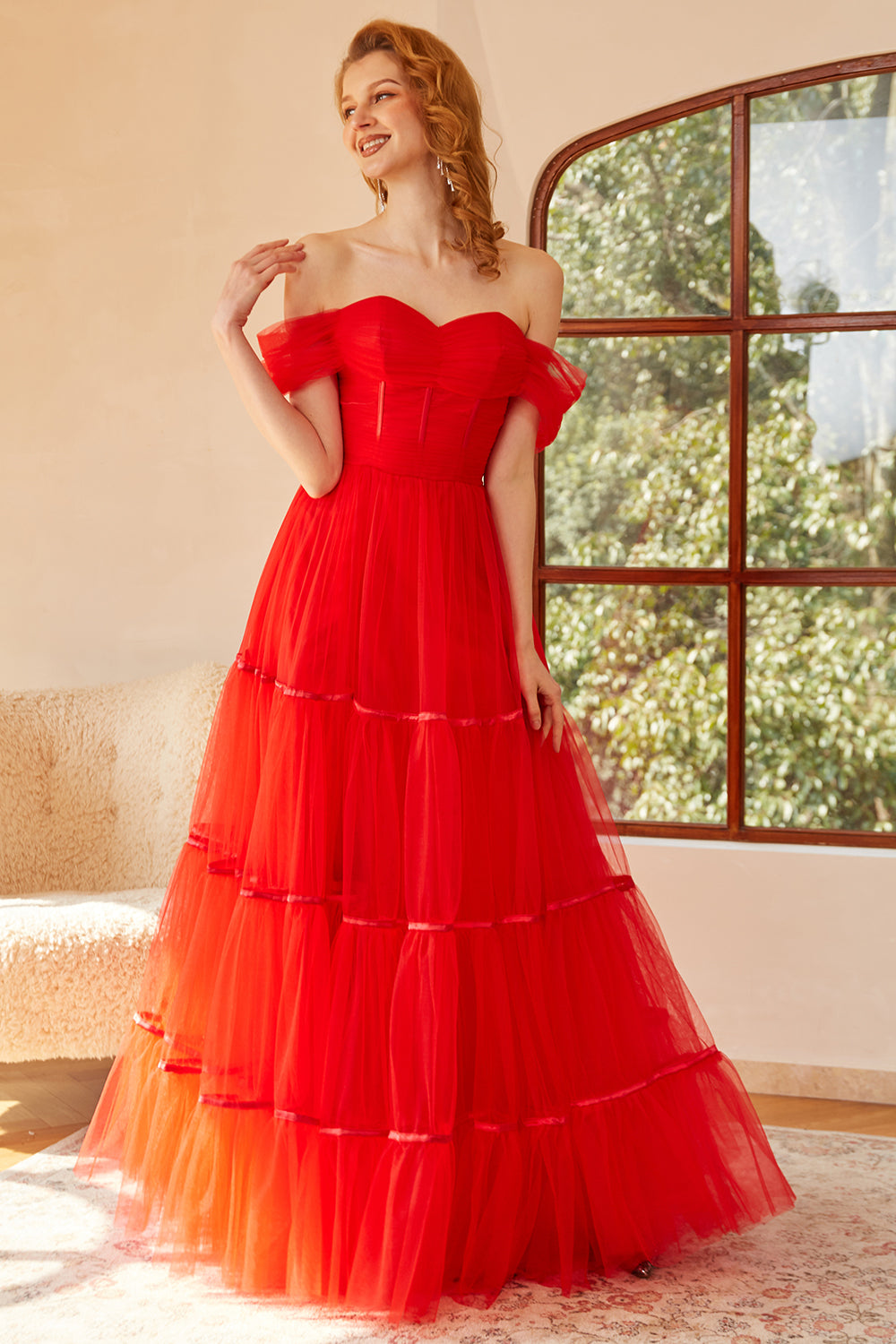 Off The Shoulder Red Tulle Princess Prom Dress with Slit