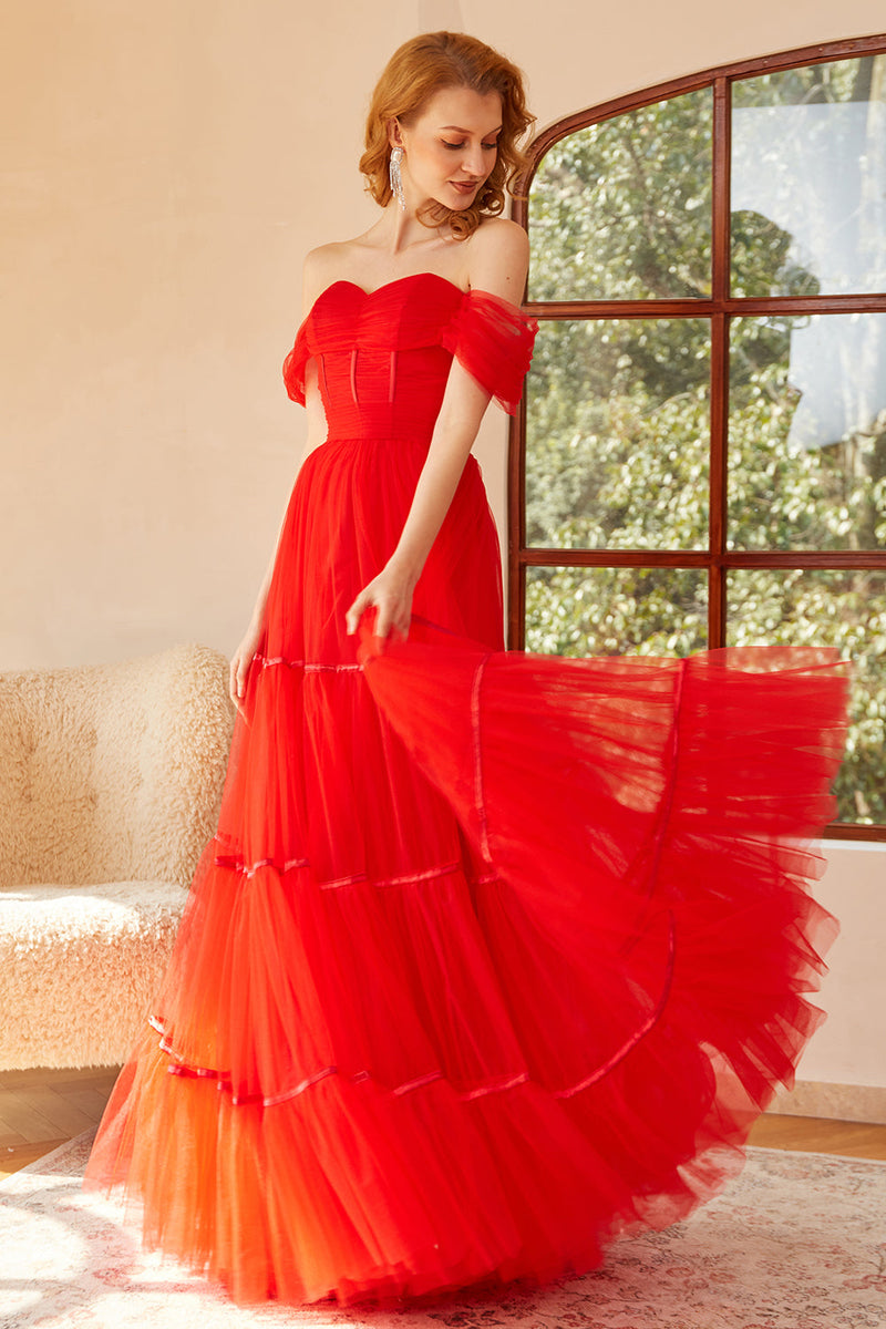 Load image into Gallery viewer, Off The Shoulder Red Tulle Princess Prom Dress with Slit
