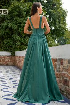 Green V Neck Satin Prom Dress with Ruffles