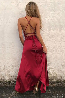 Burgundy Satin Simple Prom Dress with Slit