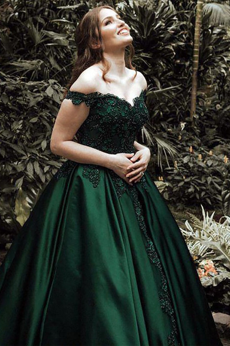 Load image into Gallery viewer, Dark Green Off The Shoulder Princess Prom Dress with Lace