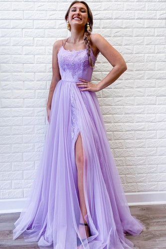 Lavender A Line Tulle Princess Prom Dress with Slit