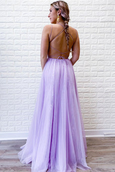 Lavender A Line Tulle Princess Prom Dress with Slit