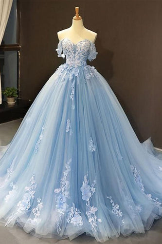 Off The Shoulder Light Blue Ball Gown Princess Prom Dress