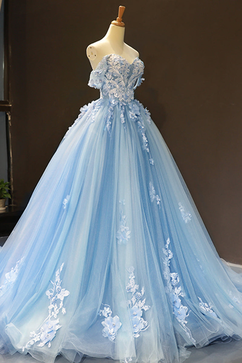 Load image into Gallery viewer, Off The Shoulder Light Blue Ball Gown Princess Prom Dress