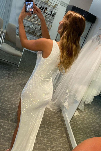 White One Shoulder Sequins Prom Dress with Slit