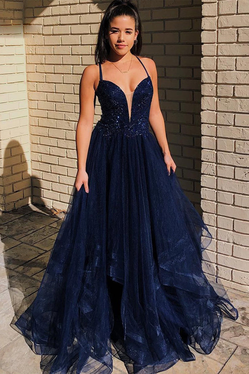 Load image into Gallery viewer, Navy Glitter Prom Dress