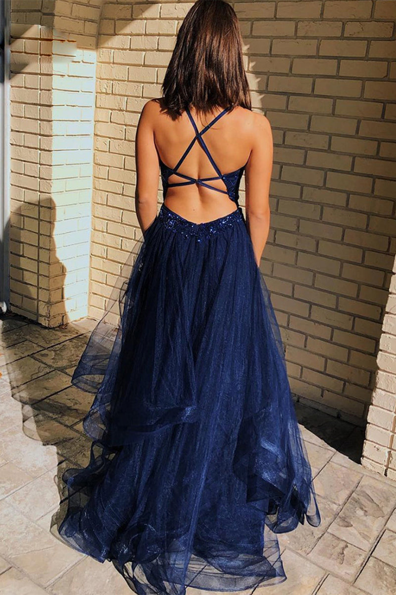 Load image into Gallery viewer, Navy Glitter Prom Dress