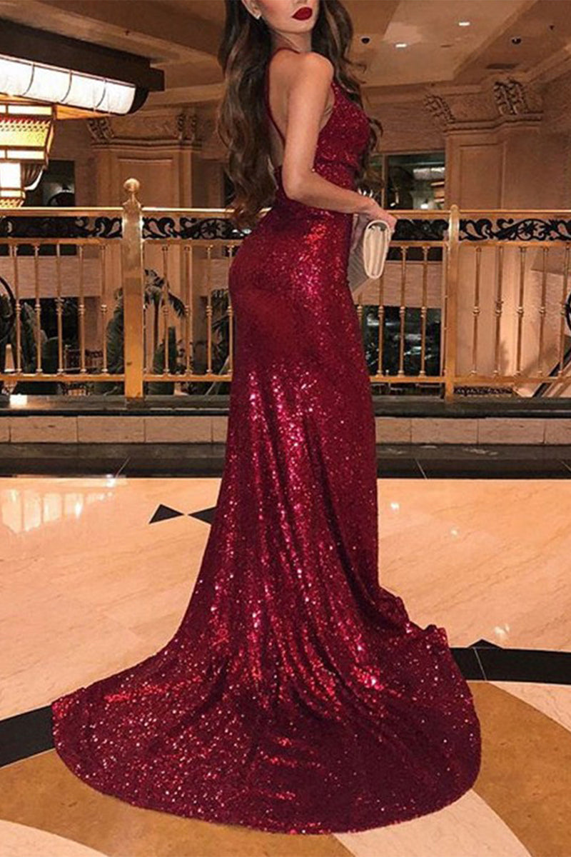 Load image into Gallery viewer, Burgundy Mermaid Halter Backless Sequins Prom Dress