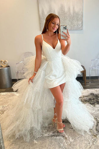 Glitter White Detachable Train Prom Dress