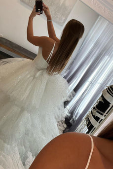 Glitter White Detachable Train Prom Dress