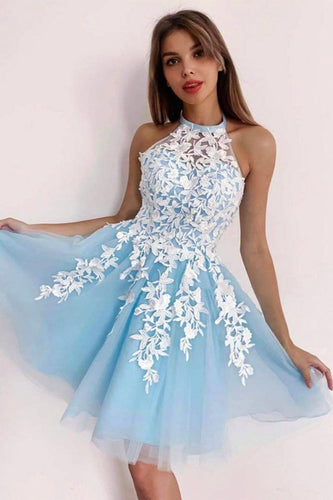 Sky Blue Halter Backless Short Prom Dress