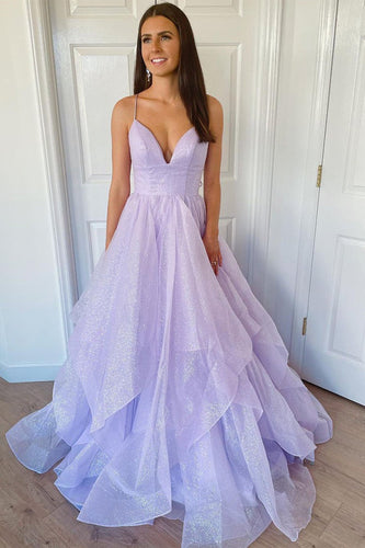 Glitter Spaghetti Straps Lavender Princess Prom Dress