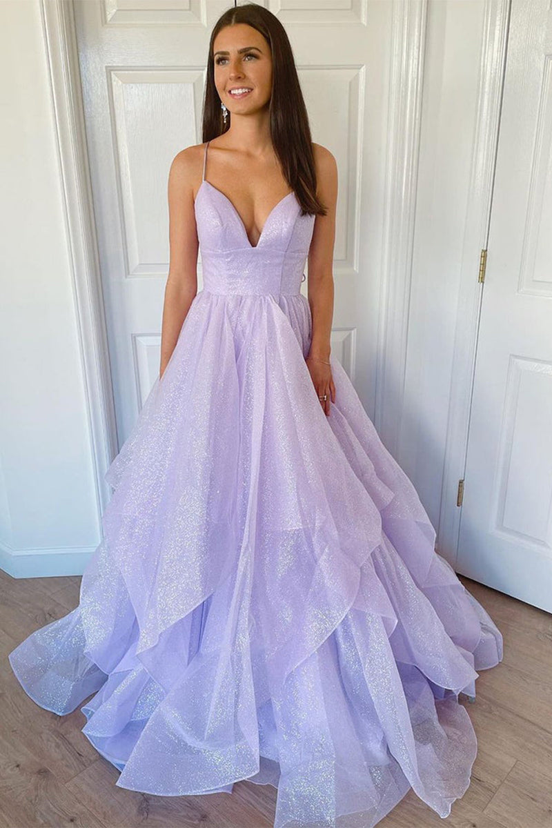 Load image into Gallery viewer, Glitter Spaghetti Straps Lavender Princess Prom Dress